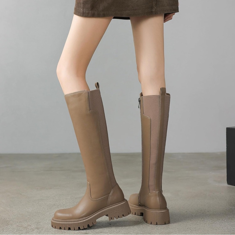 Taupe Khaki Women's Knee High Boots Chunky Platform Lug Sole Tall Riding Stretch - Picture 3 of 6